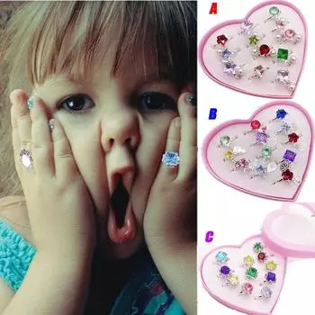 12 шт./компл. детское кольцо, красивый красочный набор колец со стразами, подарок с коробкой в форме сердца для девочек и детей C