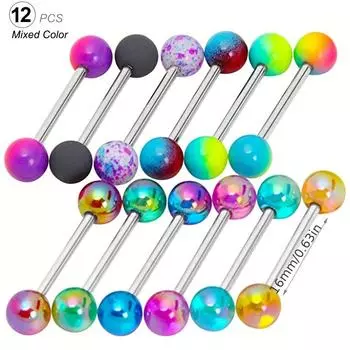 12 шт./компл. разноцветные акриловые шариковые кольца для языка, ювелирные изделия для пирсинга языка 12Pcs/Bag