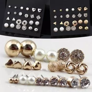 12 шт./компл., серьги-гвоздики из хрустального сплава с круглым шариком золотого цвета, винтажные серебряные серьги с имитацией жемчуга, комплект для женщин 1