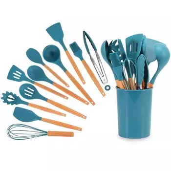12 шт./компл., силиконовая кухонная утварь, набор кухонных принадлежностей с деревянной ручкой, лопатка с антипригарным покрытием, лопатка, зажим для ложки, кухонные инструменты темно-зеленого