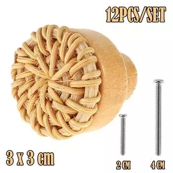 12 шт./комплект ротанговых ручек для комода, круглые деревянные ручки для ящиков, плетеные вручную, и шурупы для мебели в стиле бохо, шкафов, комода 12PCS