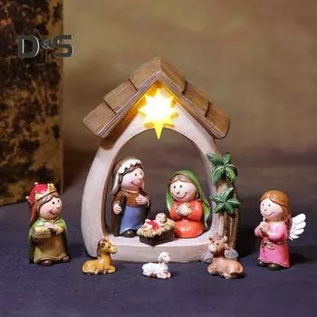 12 шт./комплект, статуэтка «Рождение Иисуса», светодиодная подсветка, рождественские ясли, Иосиф, Дева Мария, волхвы, животные, статуэтка из смолы, настольное украшение разноцветный