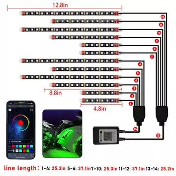 12 шт. комплекты светодиодных фонарей для мотоциклов, красочные светодиодные лампы для мотоциклов, контрольные световые полосы через приложение IP65 8pcs чёрный