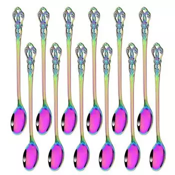 12 шт. красочные ложки с длинной ручкой, набор столового серебра, ложки из нержавеющей стали для перемешивания, столовые приборы, десертная ложка для кофе, льда, кухонный набор посуды серебряный