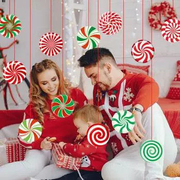 12 шт. красочные рождественские шары, конфеты, подвесное украшение с лентой длиной 30 м, макет сцены для вечеринки, украшения, аксессуары, кулон с елочными шарами B