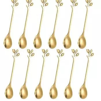12 шт. ложка из нержавеющей стали в форме листа дерева с позолотой, кофейная ложка, фруктовая ложка, чайная ложка, креативный домашний ресторан, набор столовых приборов для десерта