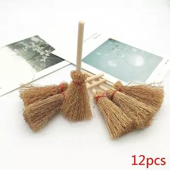 12 шт. Мини-метла ведьмы, подвесные украшения на Хэллоуин, деревянные соломенные метлы, реквизит 12 pcs