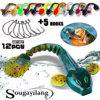 12 шт. мягкая приманка для червей, рыбные черви и 5 шт. кривошипные крючки для пресноводной и морской рыбалки 8.5mm