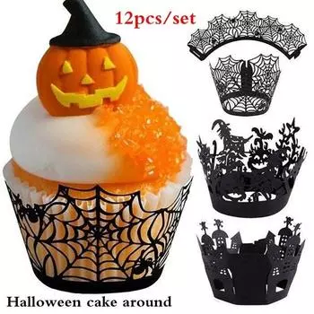 12 шт./набор бумажных стаканчиков для Хэллоуина с изображением паутины, тыквы, замка ужасов, обертка для торта E-12PCS