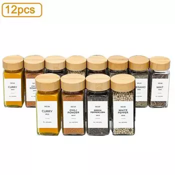 12 шт. / Набор стеклянных банок для специй с бамбуковой крышкой, контейнеры для специй, солонки, перечницы, органайзеры для специй на кухню