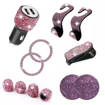 12 шт. набор женских автомобильных аксессуаров с бриллиантами, кристаллами, автомобильным зарядным устройством, крюком, зажимом для очков, крышкой клапана подставки для воды, наклейкой с одним нажатием кнопки запуска чёрный