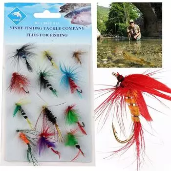12 шт. нахлыстовой рыболовный крючок, имитирующий пчелиных мух, наживку для насекомых, искусственные приманки, перо, джиг для ловли карпа