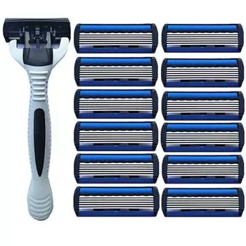 12 шт., острая нержавеющая сталь, 6 слоев, мужская бритва для бороды, лезвия для бритья, 1 шт., белый держатель для бритвы