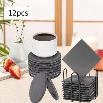 12 шт. подставок из сланца для напитков, подставка под стакан, деревенский, декор стола, с держателем, набор камней Square