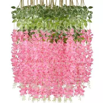 12 шт. подвесной цветок из ротанга, искусственная глициния, подвесная зеленая гирлянда из ротанга, шелковая веревка длиной 110 см для украшения дома и свадьбы фиолетовый