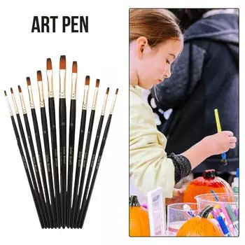 12 шт. профессиональная кисть для рисования акварелью, гуашью, плоский/круглый наконечник, деревянная ручка, кисть для рисования A