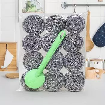 12 шт., проволочный шарик для мытья посуды с 1 ручкой, шариковая скребок из нержавеющей стали, металлический скребок, шарик для чистки кухни, случайный цвет ручки 12 Pcs