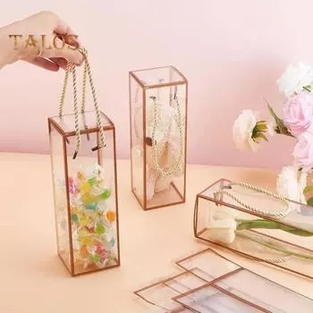 12 шт. прозрачная пластиковая подарочная коробка, прозрачная кубовидная коробка для конфет с золотыми краями и шнуром, упаковочная коробка для подарков на вечеринку для свадебных угощений золотистый