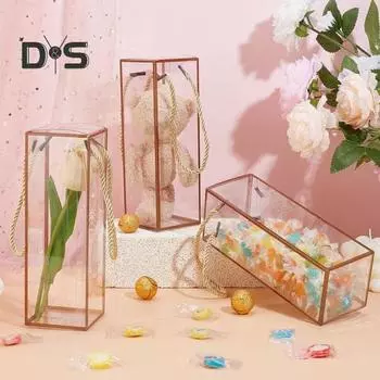 12 шт. прозрачная пластиковая подарочная коробка, прозрачная кубовидная коробка для конфет с золотыми краями и шнуром, упаковочная коробка для подарков на вечеринку для свадебных угощений золотистый