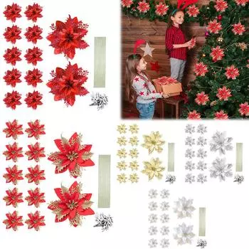 12 шт. Рождественская пуансеттия, елочные цветы, украшения, декоративный венок своими руками 14 см с зажимами для лестницы, окна, камина