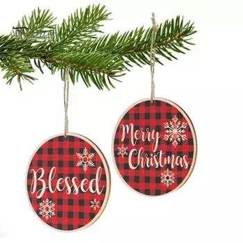 12 шт. Рождественский кулон, простая установка, красный и черный сетчатый принт, деревянный подвесной орнамент для украшения дома