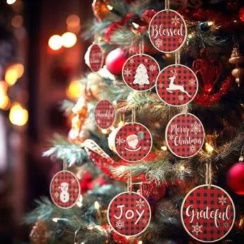 12 шт. Рождественский кулон, простая установка, красный и черный сетчатый принт, деревянный подвесной орнамент для украшения дома B