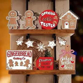 12 шт., рождественский многоуровневый декор для подноса, деревянные украшения, креативная форма, гладкие края, без заусенцев, настольный пряничный Рождественский декор Mixed Style