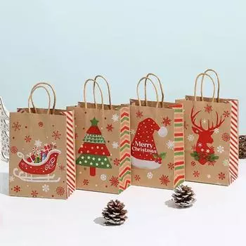 12 шт. Рождественский подарок Сумочка с ручкой Толстая сверхпрочная крафт-бумага Лось Сани Дерево Шляпа с узором Многоразовые продуктовые лакомства Конфеты Подарок для вечеринки 21 cm A