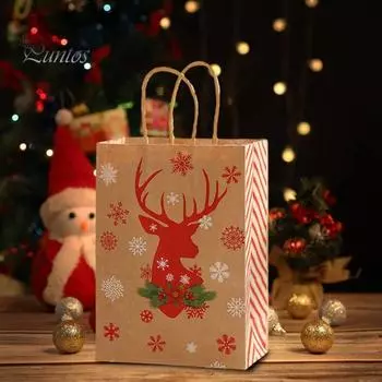 12 шт. Рождественский подарок Сумочка с ручкой Толстая сверхпрочная крафт-бумага Лось Сани Дерево Шляпа с узором Многоразовые продуктовые лакомства Конфеты Подарок для вечеринки 21m