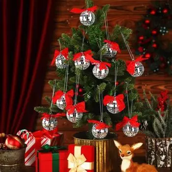 12 шт. Рождественский серебряный диско-шар, отражающий зеркальный шар с бантом, подвесные украшения для рождественской елки