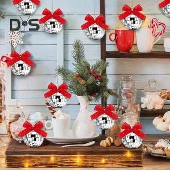 12 шт. Рождественский серебряный диско-шар, отражающий зеркальный шар с бантом, подвесные украшения для рождественской елки для домашнего декора на Рождество 12pcs