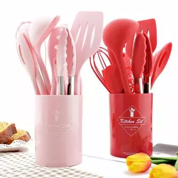 12 шт. розовый силиконовый набор кухонных принадлежностей, термостойкая кухонная посуда с антипригарным покрытием, инструменты для выпечки с коробкой для хранения розовый