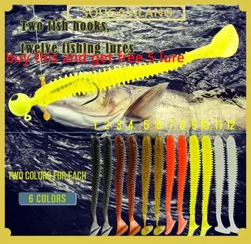 12 шт. рыболовные приманки и 1 шт. джиг-рыболовный крючок с искусственным хвостом, мягкая приманка для плавания, окунь, форель, судак