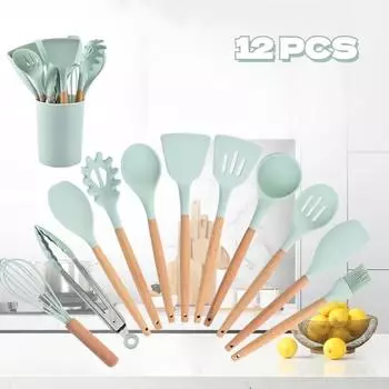 12 шт. силиконовая кухонная утварь антипригарная посуда для кухни деревянная ручка лопатка венчики для взбивания яиц кухонные принадлежности аксессуары