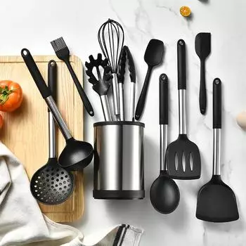 12 шт. силиконовый кухонный набор антипригарная нержавеющая сталь шпатель суповая ложка кухонные принадлежности вращающееся ведро для хранения взбиватель для яиц