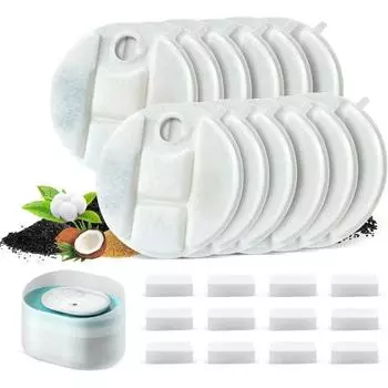 12 шт. сменных фильтров для фонтана для кошек, 5-слойная система фильтрации, фильтр с активированным углем и губкой для поилки Petlibro Capsule Pet Drinker PLWF008 белый
