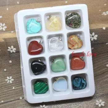 12 шт. смешанные разноцветные подвески из натурального камня в форме сердца, подвески в поисках случайного цвета 20 мм 12 Pendants/box