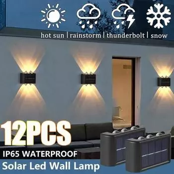12 шт. Солнечный настенный светильник, уличный водонепроницаемый светильник на солнечной батарее, вверх и вниз, освещает дом, сад, двор, украшение, наружные солнечные лучи 4LED Warm Color-1pcs