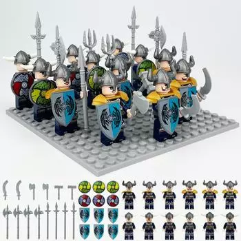 12 шт. средневековый викинг серый рогатый бык воин солдат персонаж строительный блок игрушка