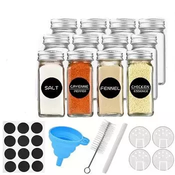 12 шт., стеклянные банки для специй с этикетками, пустые квадратные бутылки для специй на 4 унции, с крышками для шейкеров и герметичными металлическими крышками