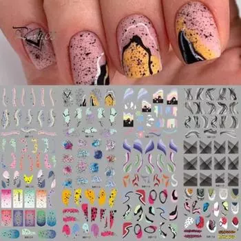 12 шт. стильных самоклеящихся ультратонких наклеек для ногтей с водной текстурой, красочные геометрические линии, слайдер, наклейка для дома D