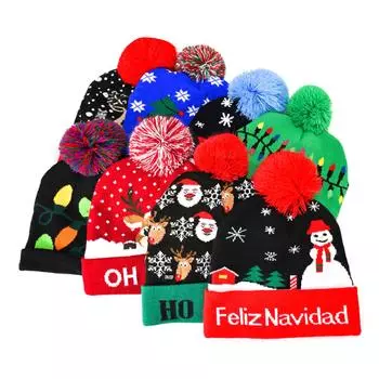 12 шт. светодиодный рождественский свитер шапка светящаяся рождественская вязаная шапка унисекс зимняя шапка с мохнатыми цветными шариками праздничный
