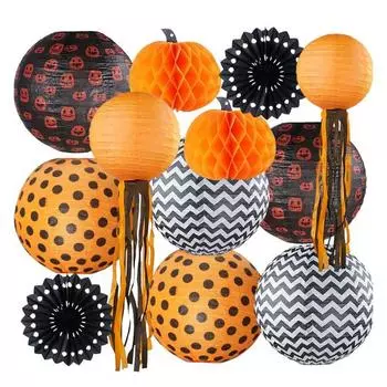 12 шт. Украшения для Хэллоуина, сотовые тыквенные шары-фонарики, бумажные веера, подвесные украшения, жуткий декор для дома, офиса, вечеринки 1 Set