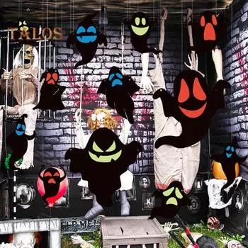 12 шт. украшения для привидения на Хэллоуин, реалистичное подвесное привидение со светящимся лицом, уличный декор для Хэллоуина для сада и двора чёрный