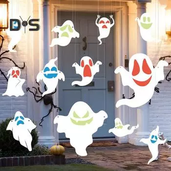 12 шт. украшения для привидения на Хэллоуин, реалистичное подвесное привидение со светящимся лицом, уличный декор для Хэллоуина для сада и двора белый