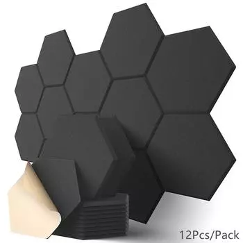 12 шт. высокоплотных шестигранных студийных акустических панелей, самоклеящиеся звукопоглощающие настенные панели для комнаты барабанов KTV, звукоизоляционные наклейки 12Pcs/Pack чёрный