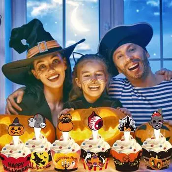 12 шт., жуткие топперы для кексов на Хэллоуин, экологически чистые бумажные украшения, уникальные вставки для ободков кексов для вечерние десертов B белый