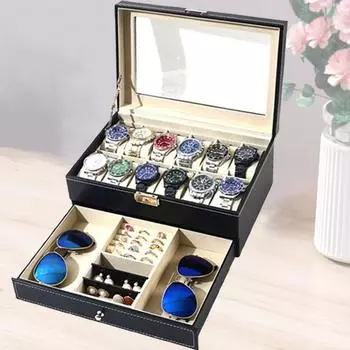 12-слотовые запирающиеся коробки для хранения часов из искусственной кожи, мужские и женские ювелирные изделия, ящик для показа, двухъярусный органайзер, витрина для часов Black-gray