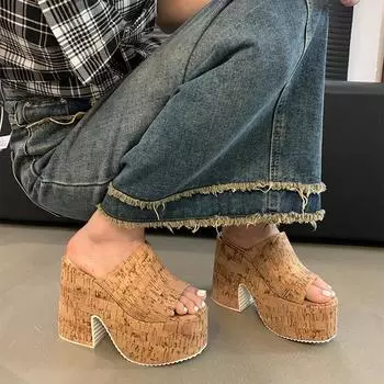 12 см Новый стиль Толстая подошва Толстые каблуки и Большой размер для женщин Носить летом Тапочки размера 34-43 Zapatos Mujer 34