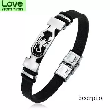 12 Созвездие Браслет-манжета Мужской Женский Созвездие Черный Кожаный Браслет Ювелирные Изделия